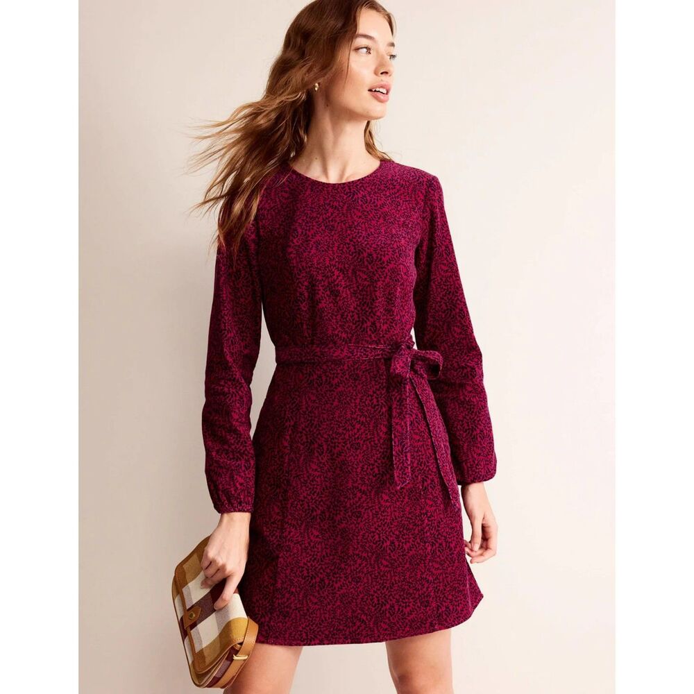 BODEN Warm Cranberry Pome Sprig Corduroy Dress Size 14 Long Sleeve Cotton Belted